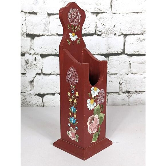 VINTAGE Boho Cottage Rustic Hand Painted Floral Fireplace Wooden Match Holder - Picture 1 of 7